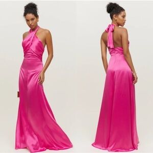 Reformation Veria Silk Halter Maxi Dress Flambe Hot Pink
